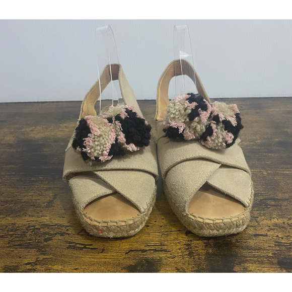Naguisa Espadrille Peep Toe Sandals Sz 11 Beige‎ Pom Poms Ankle Strap - Picture 2 of 11